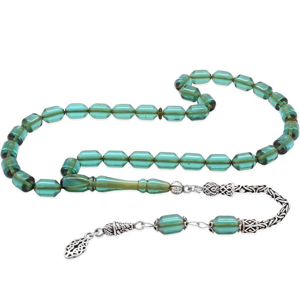 925 Sterling Silver King Tassel Ended Capsule Cut Water Blue Fire Amber Rosary - EFENDINA PAZAR - Tesbihane - 101004671
