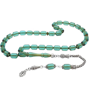 925 Sterling Silver King Tassel Ended Capsule Cut Water Blue Fire Amber Rosary - EFENDINA PAZAR - Tesbihane - 101004671