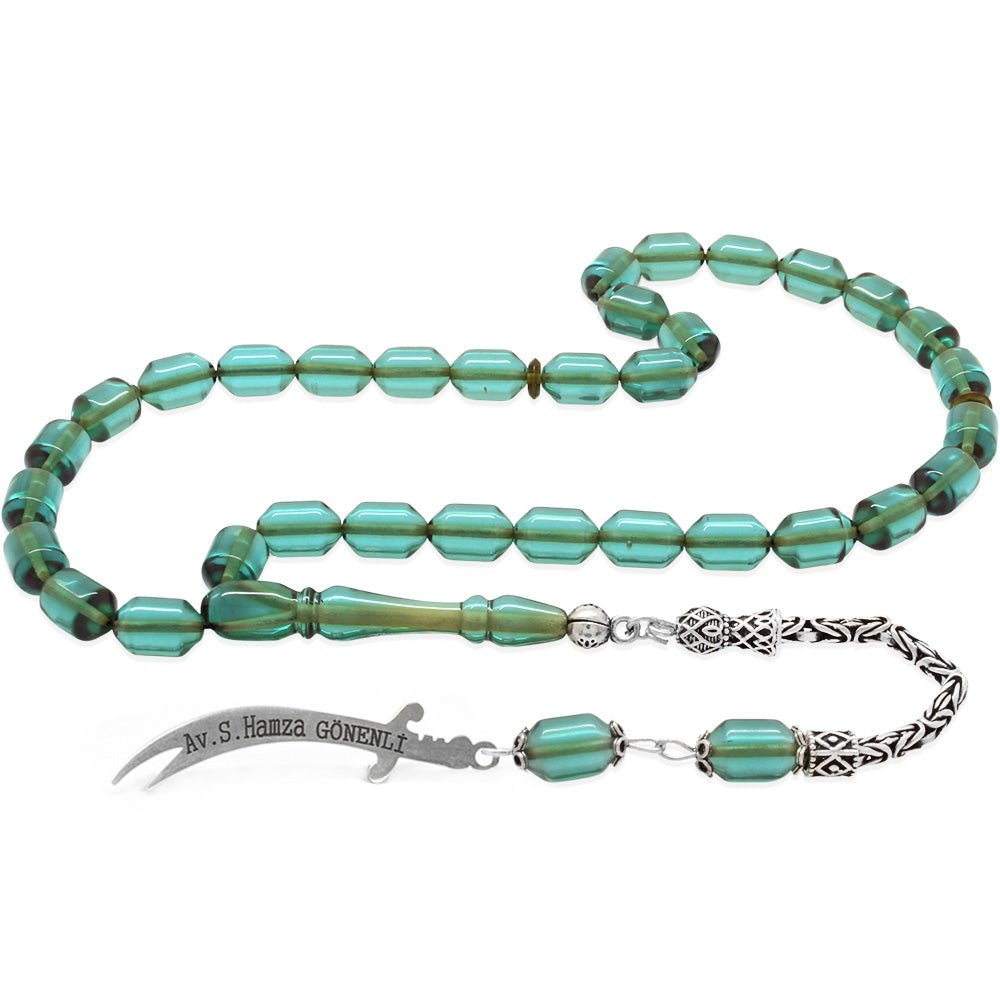 925 Sterling Silver King Tassel Ended Capsule Cut Water Blue Fire Amber Rosary with Personalized Name Written on it - EFENDINA PAZAR - Tesbihane - 101004701