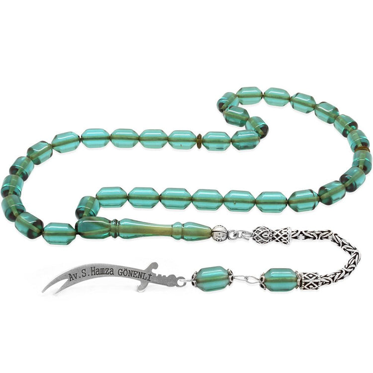 925 Sterling Silver King Tassel Ended Capsule Cut Water Blue Fire Amber Rosary with Personalized Name Written on it - EFENDINA PAZAR - Tesbihane - 101004701