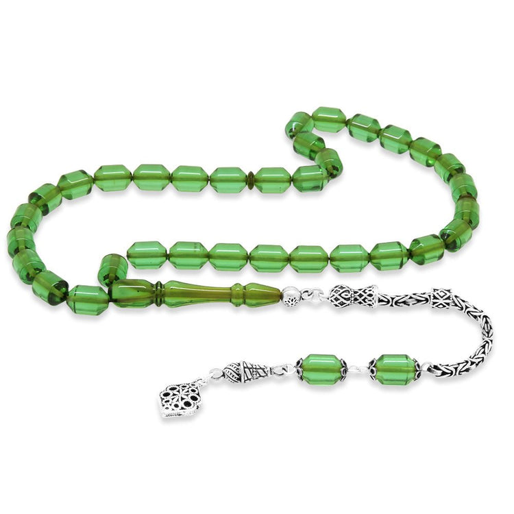 925 Sterling Silver King Tassel Ended Capsule Cut Water Green Fire Amber Rosary - EFENDINA PAZAR - Tesbihane - 101004886