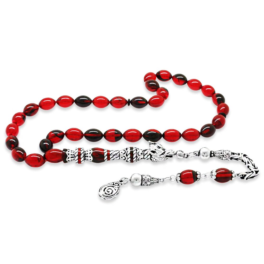 925 Sterling Silver King Tassel Muralist Imitation Wolf Head Design Red - Black Fire Amber Rosary - EFENDINA PAZAR - Tesbihane - 101004713