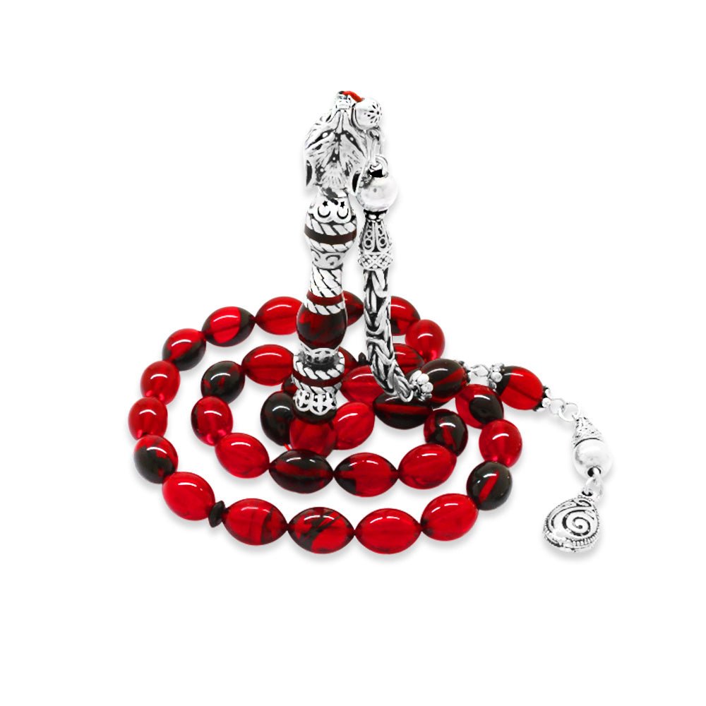 925 Sterling Silver King Tassel Muralist Imitation Wolf Head Design Red - Black Fire Amber Rosary - EFENDINA PAZAR - Tesbihane - 101004713