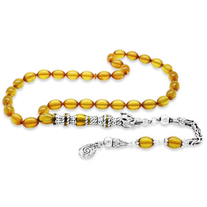925 Sterling Silver King Tassel Muralist Imitation Wolf Head Design Yellow Fire Amber Rosary - EFENDINA PAZAR - Tesbihane - 101004714