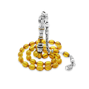925 Sterling Silver King Tassel Muralist Imitation Wolf Head Design Yellow Fire Amber Rosary - EFENDINA PAZAR - Tesbihane - 101004714