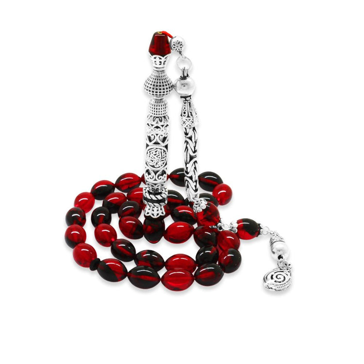 925 Sterling Silver King Tassel Nakkaş İmameli Cevşen Design Red - Black Fire Amber Rosary - EFENDINA PAZAR - Tesbihane - 101004706