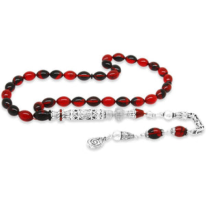 925 Sterling Silver King Tassel Nakkaş İmameli Cevşen Design Red - Black Fire Amber Rosary - EFENDINA PAZAR - Tesbihane - 101004706