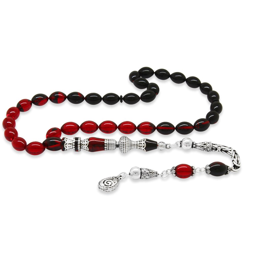 925 Sterling Silver King Tassel Nakkaş Imameli Filtered Red - Black Fire Amber Prayer Beads - EFENDINA PAZAR - Tesbihane - 101004726