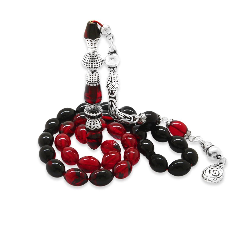 925 Sterling Silver King Tassel Nakkaş Imameli Filtered Red - Black Fire Amber Prayer Beads - EFENDINA PAZAR - Tesbihane - 101004726