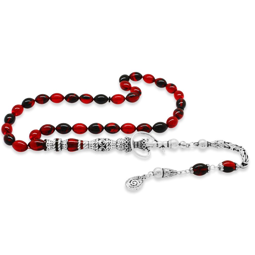 925 Sterling Silver King Tassel Nakkaş İmameli Hookah Design Red - Black Fire Amber Rosary - EFENDINA PAZAR - Tesbihane - 101004709