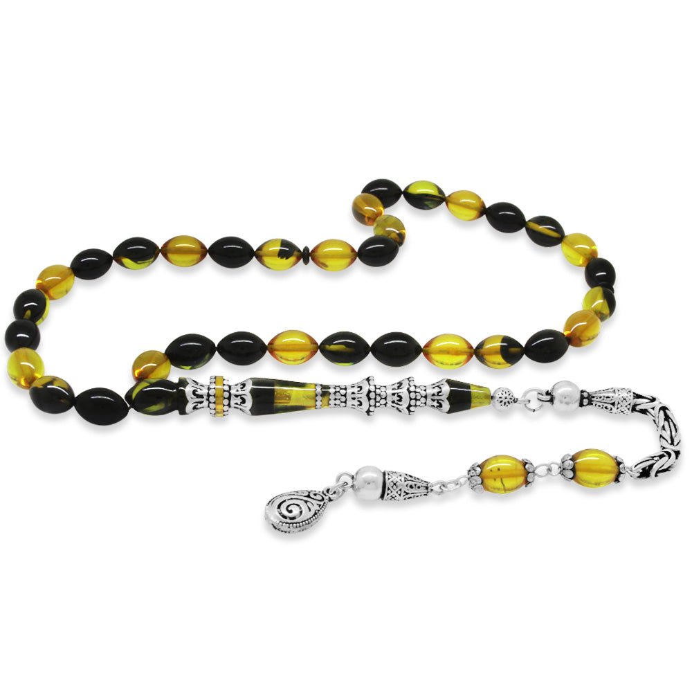 925 Sterling Silver King Tassel Silver Minaret Nakkaş Imameli Yellow - Black Fire Amber Rosary - EFENDINA PAZAR - Tesbihane - 101004675