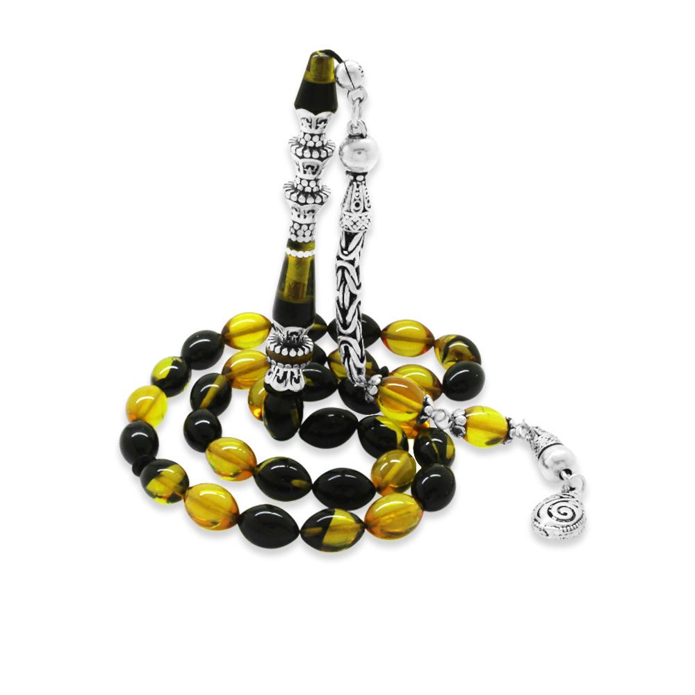 925 Sterling Silver King Tassel Silver Minaret Nakkaş Imameli Yellow - Black Fire Amber Rosary - EFENDINA PAZAR - Tesbihane - 101004675