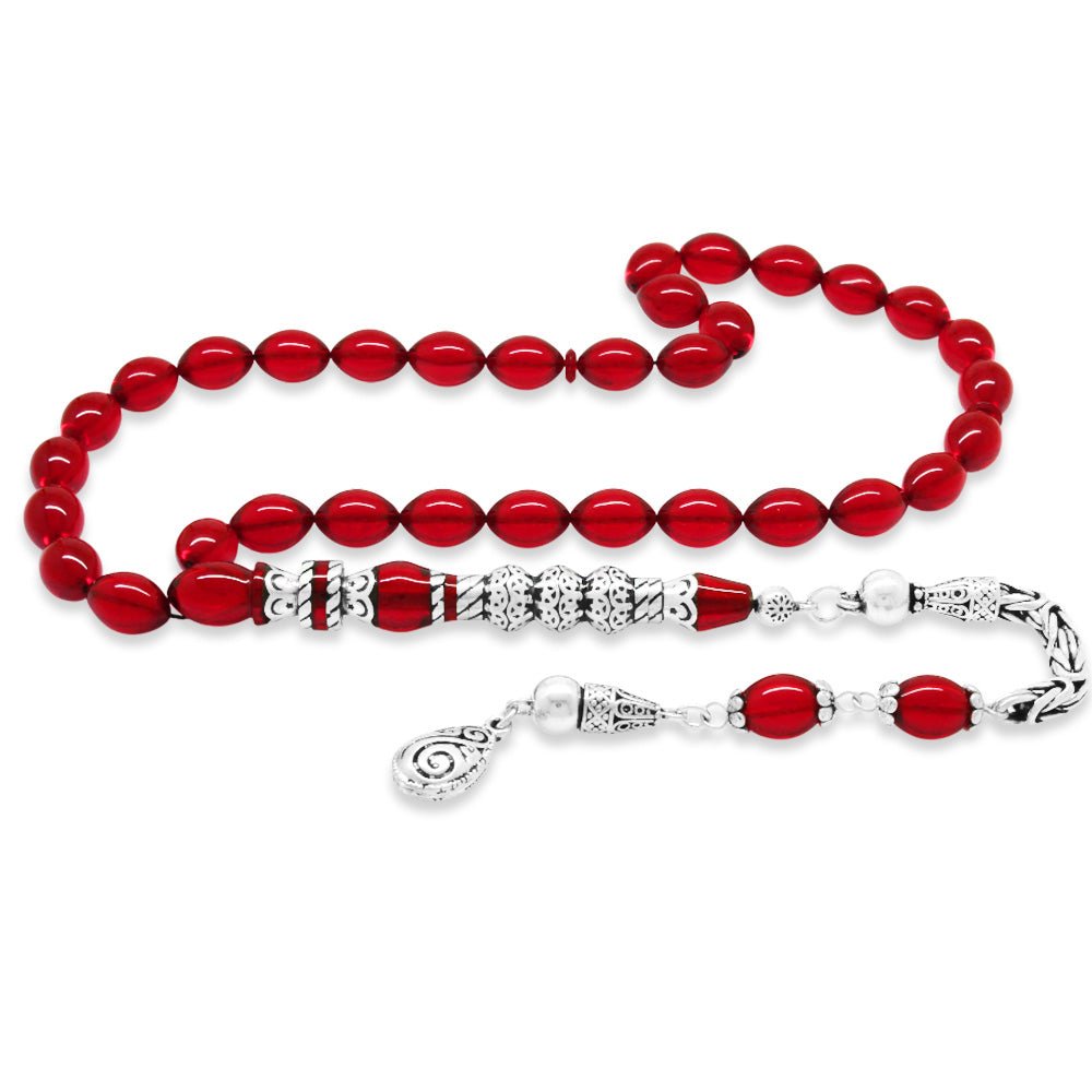 925 Sterling Silver King Tassel Silver Three - Sarfered Nakkaş Imameli Flag Red Fire Amber Rosary - EFENDINA PAZAR - Tesbihane - 101004728