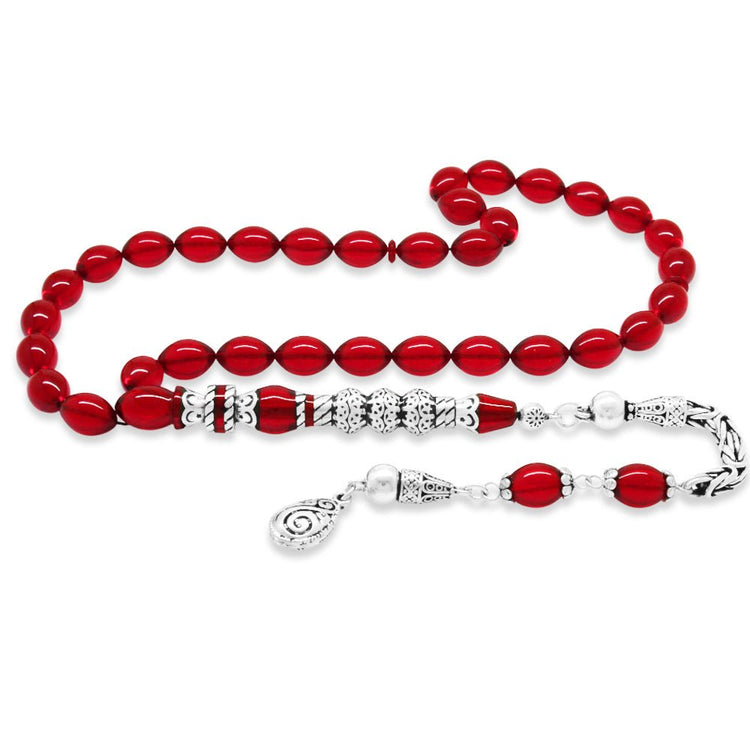 925 Sterling Silver King Tassel Silver Three - Sarfered Nakkaş Imameli Flag Red Fire Amber Rosary - EFENDINA PAZAR - Tesbihane - 101004728