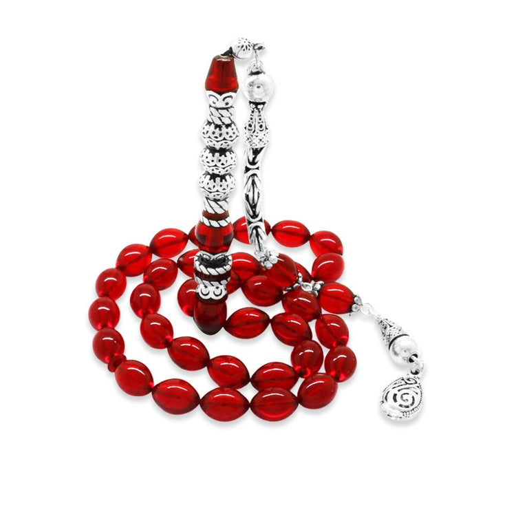 925 Sterling Silver King Tassel Silver Three - Sarfered Nakkaş Imameli Flag Red Fire Amber Rosary - EFENDINA PAZAR - Tesbihane - 101004728