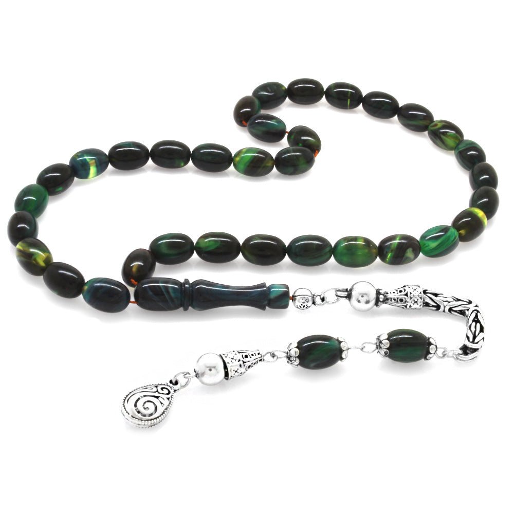 925 Sterling Silver King Tassel Special Cut Multicolor Crimped Amber Rosary - EFENDINA PAZAR - Tesbihane - 101004350