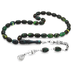 925 Sterling Silver King Tassel Special Cut Multicolor Crimped Amber Rosary - EFENDINA PAZAR - Tesbihane - 101004350