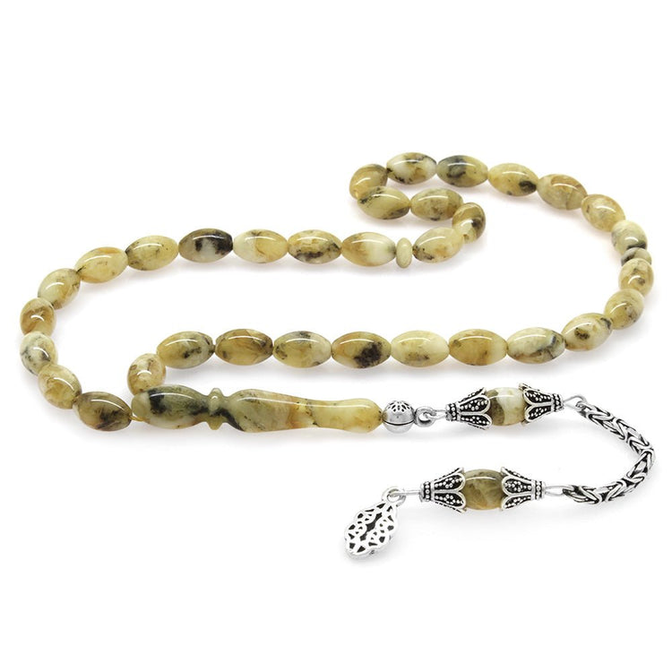 925 Sterling Silver King Tasseled Barley Cut Dalmatian Drop Amber Rosary - EFENDINA PAZAR - Tesbihane - 101004287