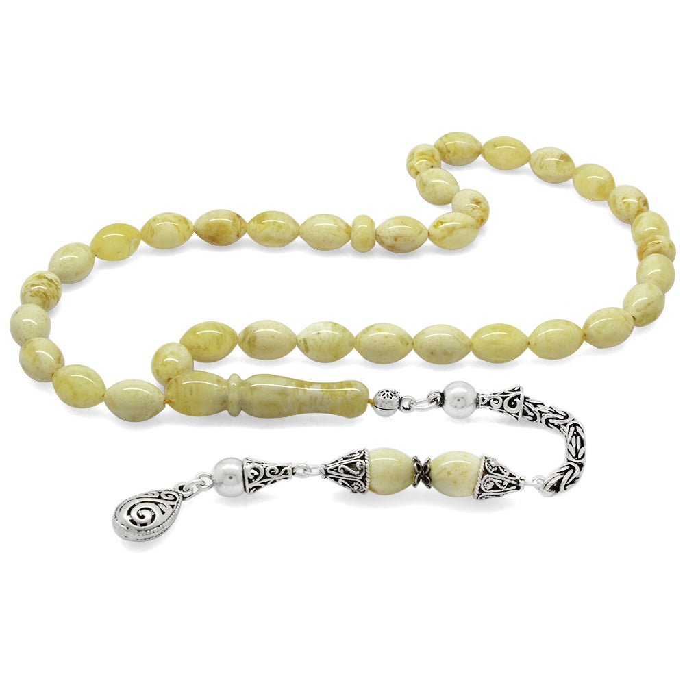 925 Sterling Silver King Tasseled Barley Cut King Seccer Yellow - White Moire Drop Amber Rosary - EFENDINA PAZAR - Tesbihane - 101004297