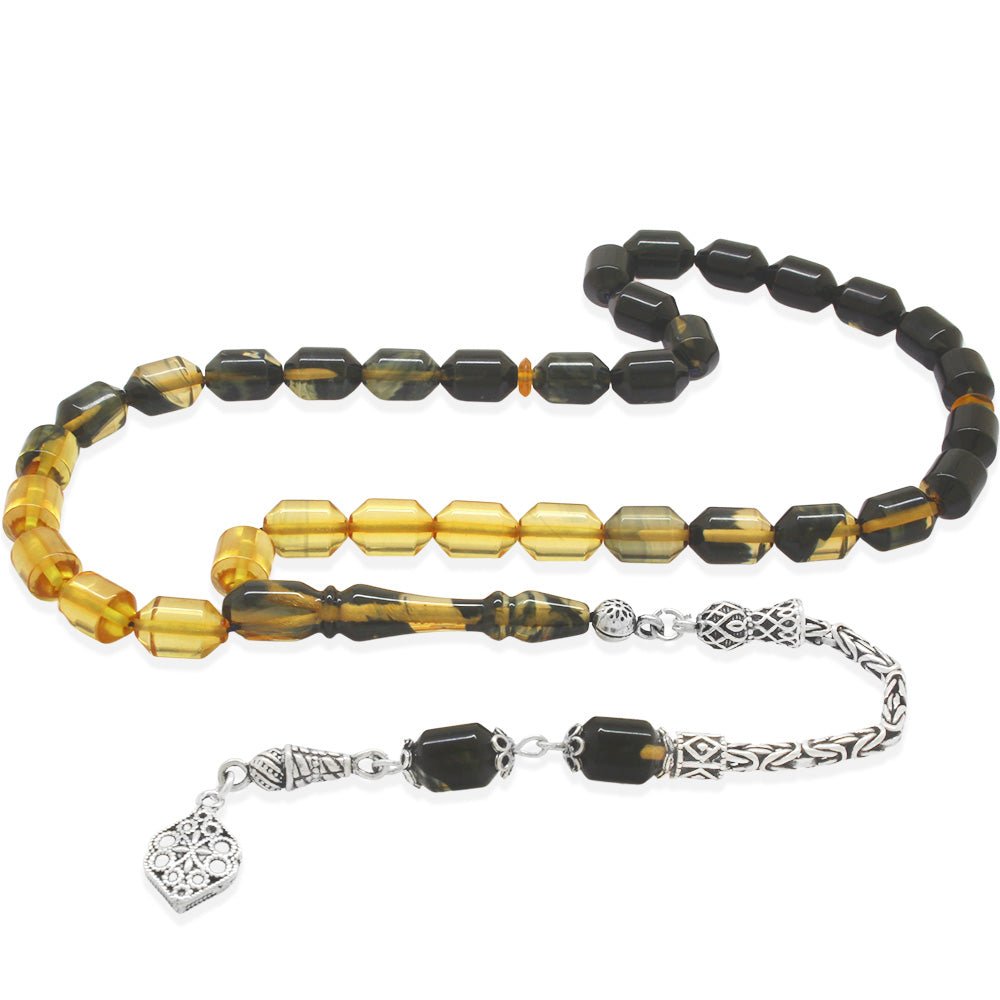 925 Sterling Silver King Tasseled End Capsule Cut Filtered Black - White Fire Amber Rosary - EFENDINA PAZAR - Tesbihane - 101004659