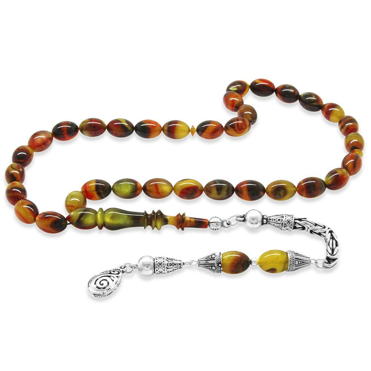 925 Sterling Silver King Tasseled Imame Master Craftsmanship Barley Cut Pearlescent Brown - Black Catalin Prayer Beads - EFENDINA PAZAR - Tesbihane - 101004686