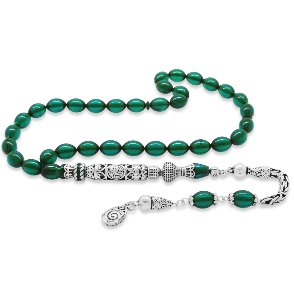 925 Sterling Silver King Tasseled Muralist Imameli Cevşen Design Turquoise Fire Amber Rosary - EFENDINA PAZAR - Tesbihane - 101004790
