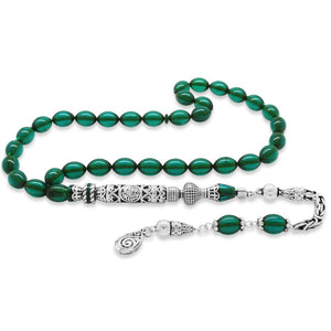 925 Sterling Silver King Tasseled Muralist Imameli Cevşen Design Turquoise Fire Amber Rosary - EFENDINA PAZAR - Tesbihane - 101004790