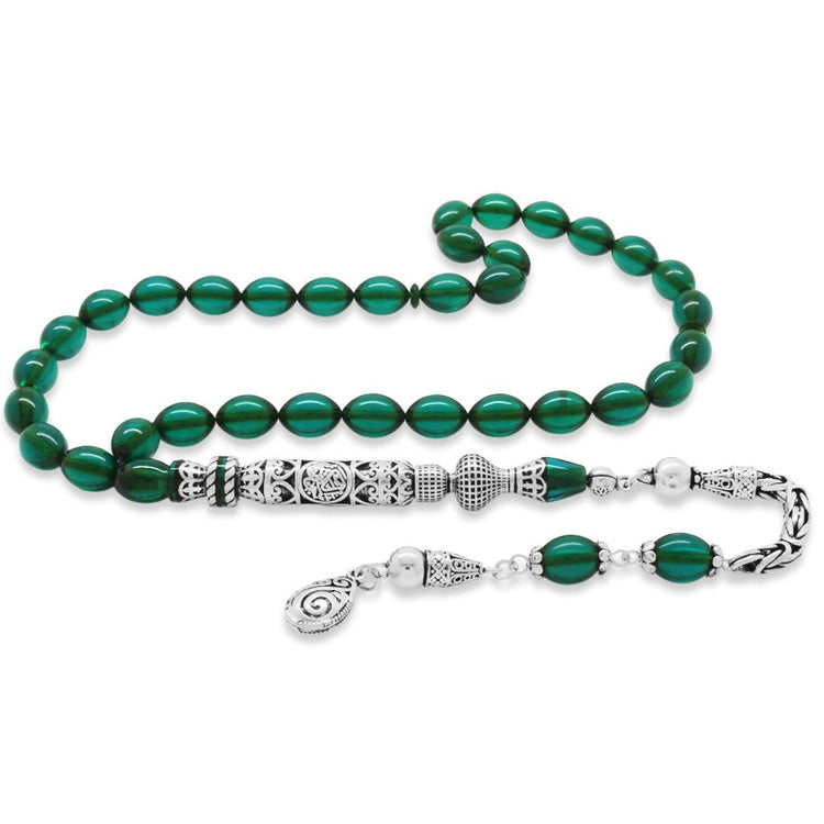 925 Sterling Silver King Tasseled Muralist Imameli Cevşen Design Turquoise Fire Amber Rosary - EFENDINA PAZAR - Tesbihane - 101004790