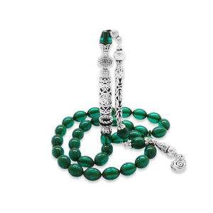 925 Sterling Silver King Tasseled Muralist Imameli Cevşen Design Turquoise Fire Amber Rosary - EFENDINA PAZAR - Tesbihane - 101004790