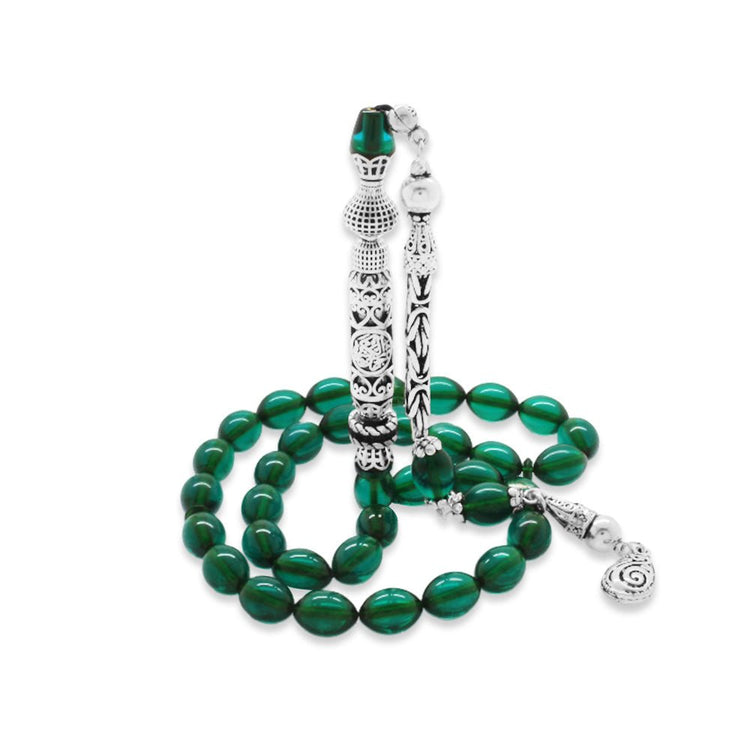 925 Sterling Silver King Tasseled Muralist Imameli Cevşen Design Turquoise Fire Amber Rosary - EFENDINA PAZAR - Tesbihane - 101004790