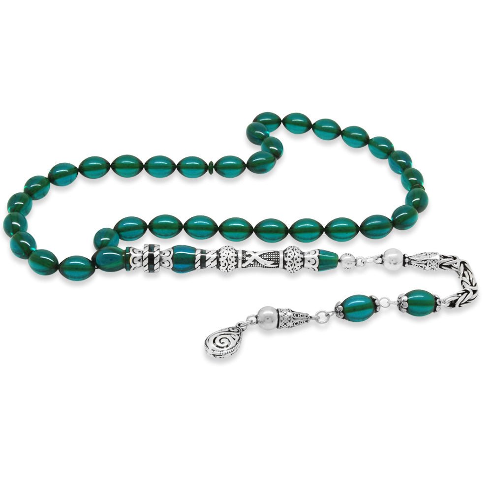 925 Sterling Silver King Tasseled Muralist Imameli Zulfiqar Design Turquoise Fire Amber Prayer Beads - EFENDINA PAZAR - Tesbihane - 101004720