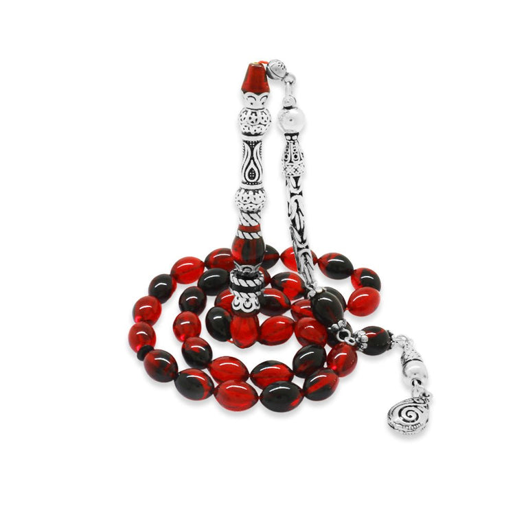 925 Sterling Silver King Tasseled Muralist Imitated Tulip Design Red - Black Fire Amber Rosary - EFENDINA PAZAR - Tesbihane - 101004721