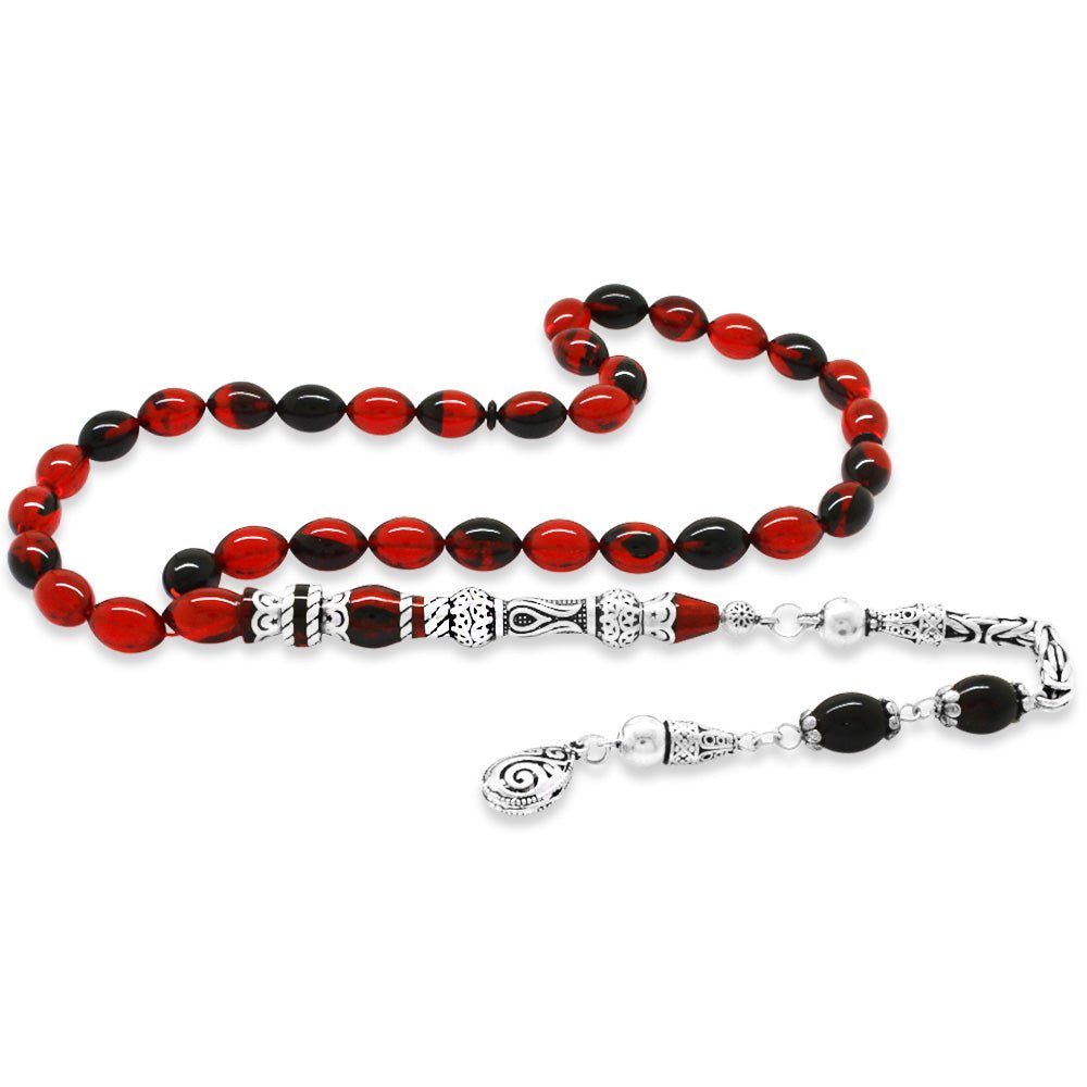 925 Sterling Silver King Tasseled Muralist Imitated Tulip Design Red - Black Fire Amber Rosary - EFENDINA PAZAR - Tesbihane - 101004721