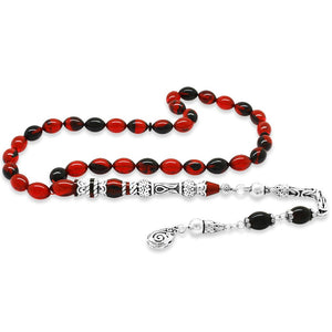 925 Sterling Silver King Tasseled Muralist Imitated Tulip Design Red - Black Fire Amber Rosary - EFENDINA PAZAR - Tesbihane - 101004721