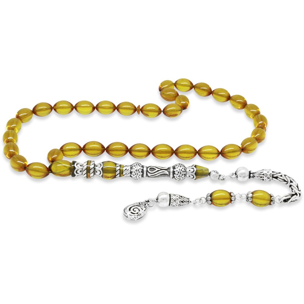 925 Sterling Silver King Tasseled Muralist Imitated Tulip Design Yellow Fire Amber Rosary - EFENDINA PAZAR - Tesbihane - 101004722