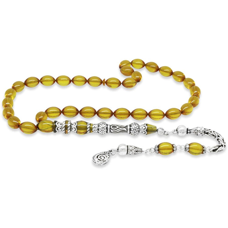 925 Sterling Silver King Tasseled Muralist Imitated Tulip Design Yellow Fire Amber Rosary - EFENDINA PAZAR - Tesbihane - 101004722