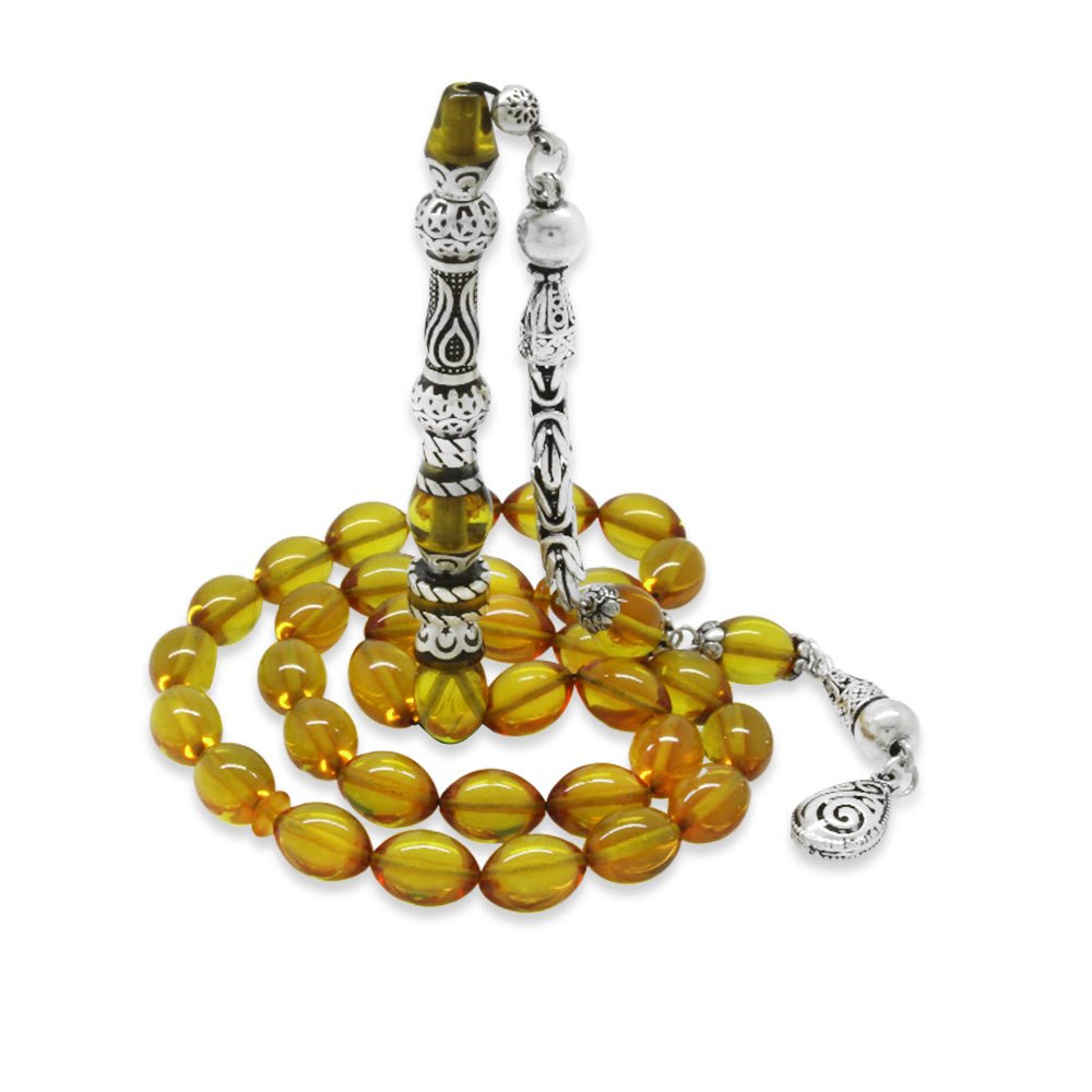 925 Sterling Silver King Tasseled Muralist Imitated Tulip Design Yellow Fire Amber Rosary - EFENDINA PAZAR - Tesbihane - 101004722