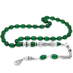 925 Sterling Silver King Tasseled Muralist Imitation Tulip Design Green Fire Amber Rosary - EFENDINA PAZAR - Tesbihane - 101004723