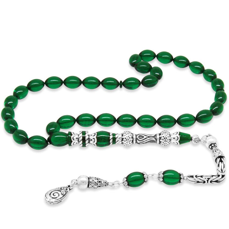 925 Sterling Silver King Tasseled Muralist Imitation Tulip Design Green Fire Amber Rosary - EFENDINA PAZAR - Tesbihane - 101004723