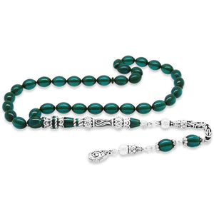 925 Sterling Silver King Tasseled Muralist Imitation Tulip Design Turquoise Fire Amber Rosary - EFENDINA PAZAR - Tesbihane - 101004789