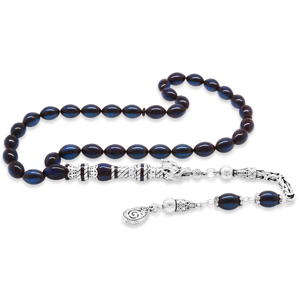 925 Sterling Silver King Tasseled Muralist Imitation Wolf Head Design Dark Blue Pressed Amber Prayer Beads - EFENDINA PAZAR - Tesbihane - 101004716