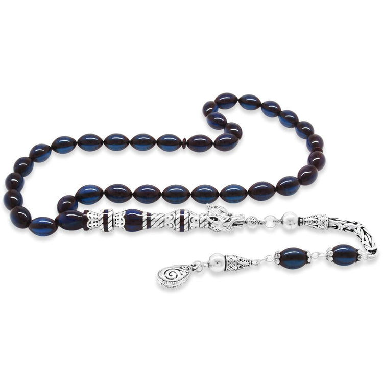 925 Sterling Silver King Tasseled Muralist Imitation Wolf Head Design Dark Blue Pressed Amber Prayer Beads - EFENDINA PAZAR - Tesbihane - 101004716
