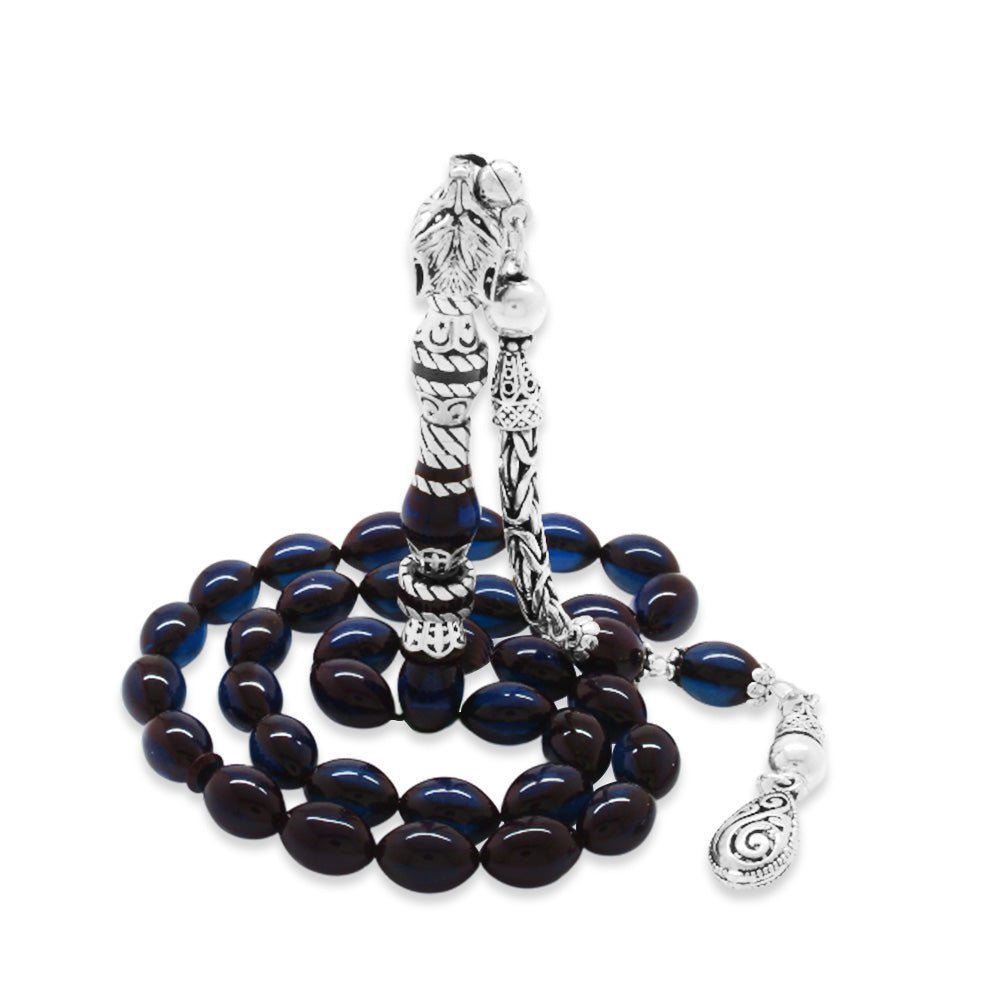 925 Sterling Silver King Tasseled Muralist Imitation Wolf Head Design Dark Blue Pressed Amber Prayer Beads - EFENDINA PAZAR - Tesbihane - 101004716
