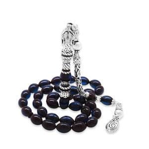 925 Sterling Silver King Tasseled Muralist Imitation Wolf Head Design Dark Blue Pressed Amber Prayer Beads - EFENDINA PAZAR - Tesbihane - 101004716
