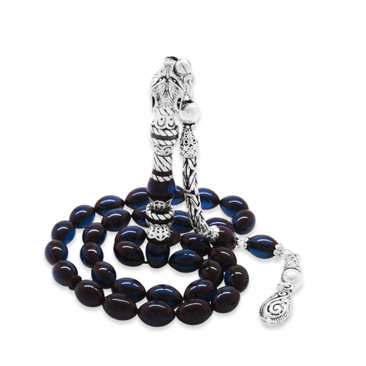 925 Sterling Silver King Tasseled Muralist Imitation Wolf Head Design Dark Blue Pressed Amber Prayer Beads - EFENDINA PAZAR - Tesbihane - 101004716