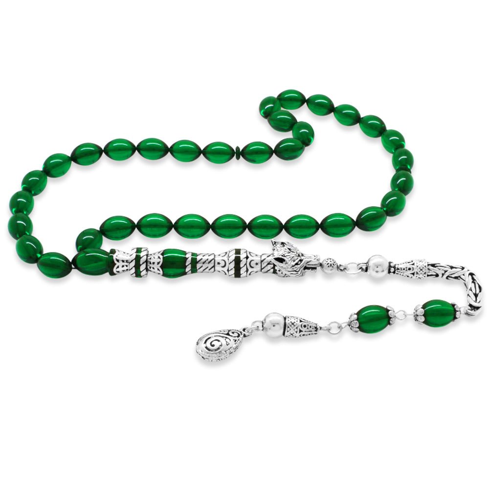 925 Sterling Silver King Tasseled Muralist Imitation Wolf Head Design Green Fire Amber Rosary - EFENDINA PAZAR - Tesbihane - 101004715