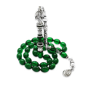 925 Sterling Silver King Tasseled Muralist Imitation Wolf Head Design Green Fire Amber Rosary - EFENDINA PAZAR - Tesbihane - 101004715