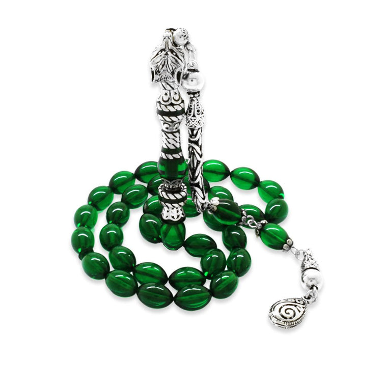 925 Sterling Silver King Tasseled Muralist Imitation Wolf Head Design Green Fire Amber Rosary - EFENDINA PAZAR - Tesbihane - 101004715