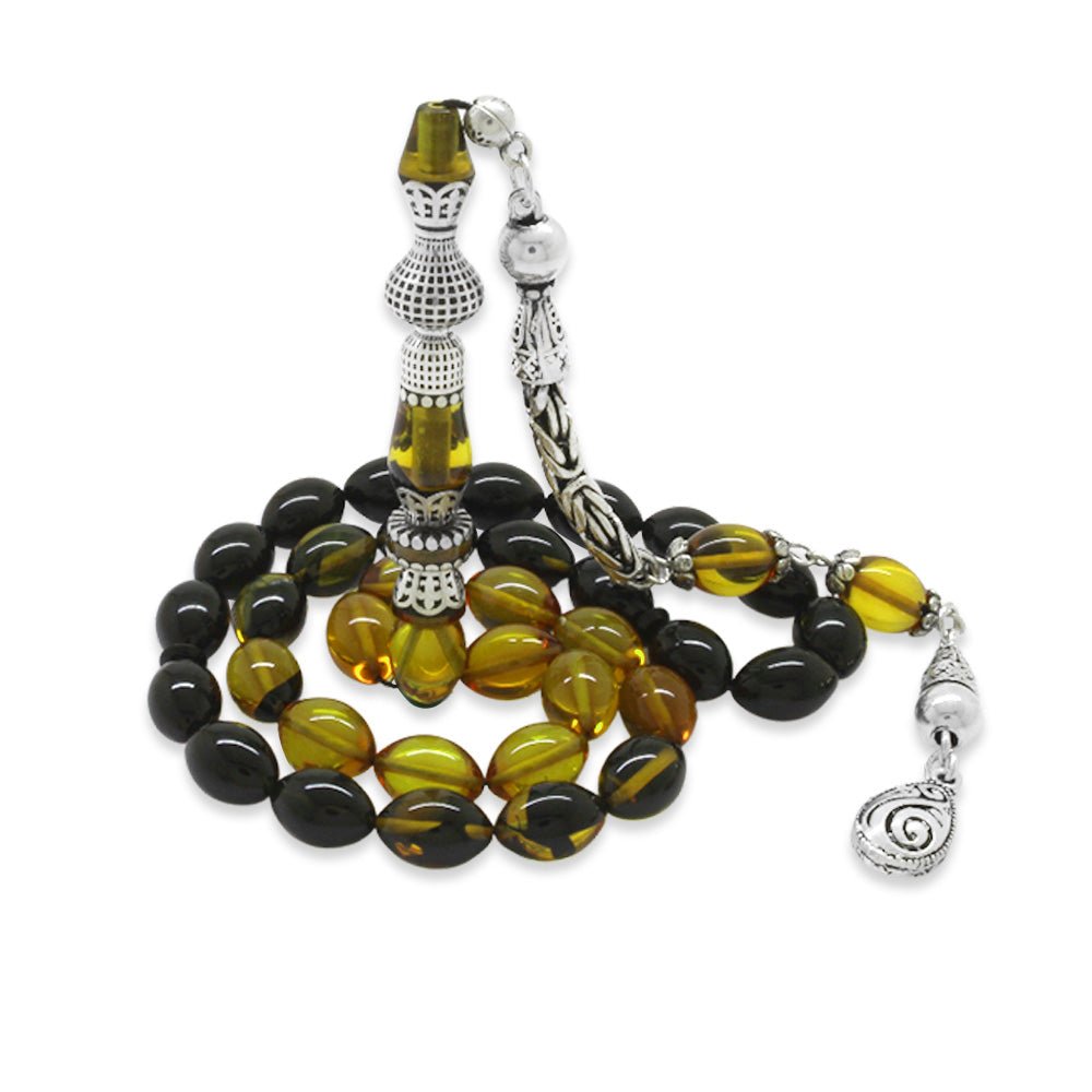 925 Sterling Silver King Tasseled Nakkaş Imaginated Filtered Yellow - Black Fire Amber Prayer Beads - EFENDINA PAZAR - Tesbihane - 101004727