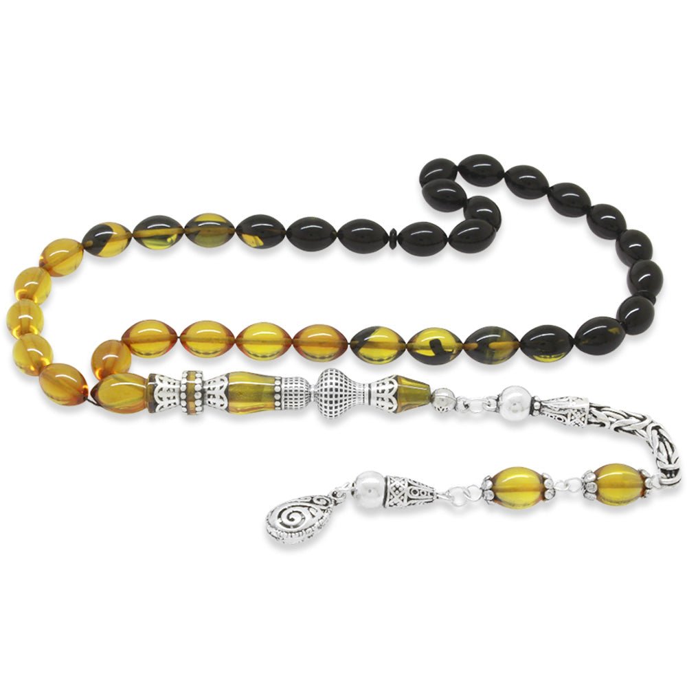 925 Sterling Silver King Tasseled Nakkaş Imaginated Filtered Yellow - Black Fire Amber Prayer Beads - EFENDINA PAZAR - Tesbihane - 101004727